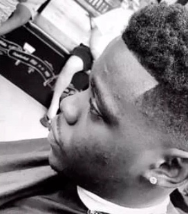 High-top fade with sharp line-up, black and white